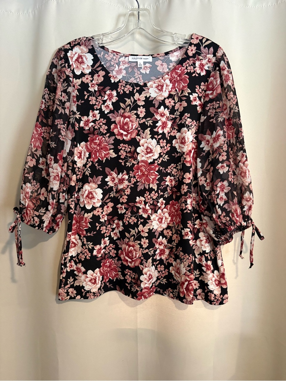 Perception Concept Black Floral Tie-Sleeve Blouse
